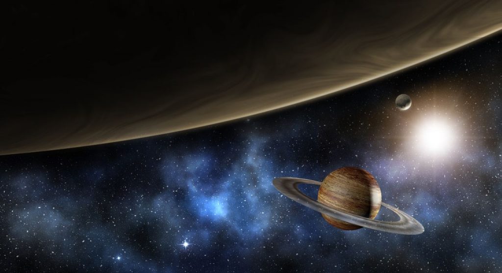 Saturno perto de Jupiter em uma ilustração da Via Láctea para artigo de curiosidades sobre o Retorno de Saturno
