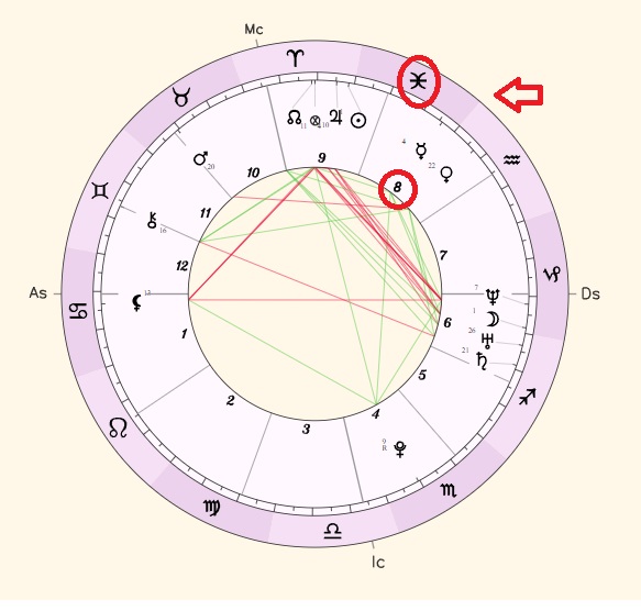 Mandala natal de uma pessoa, indicando a casa astrológica do signo de Peixes, para matéria sobre o fim de Saturno Retrógrado