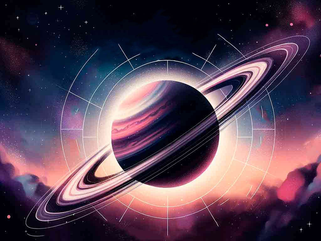 ilustração do planeta Saturno no centro de uma mandala, para ilustrar notícia sobre o fim de saturno retrógrado