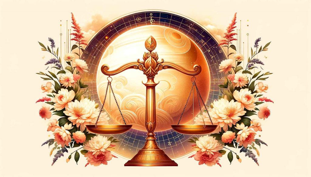 imagem de uma balança dourada na frente da ilustração do planeta Vênus, rodeados por folhas e flores, para notícias sobre vênus entra em libra