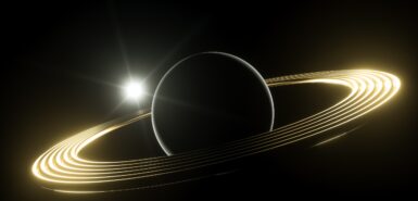 Planeta luminoso brilhante com anéis no espaço sideral. Conceito de ficção científica. Artigo sobre Saturno no Mapa Astral