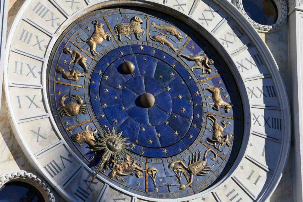 IMagem de um relógio com símbolos dos signos do zodíaco marcando as horas, como casas astrológicas, para artigo sobre o que é horóscopo