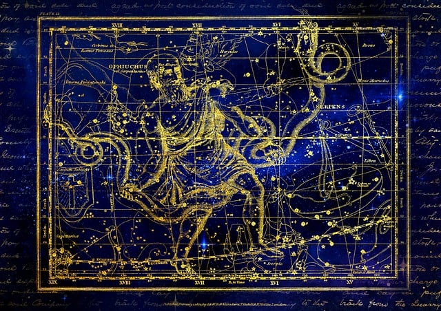 Representação da constelação de Ophiuchus, apontando como suposto 13º signo do zodíaco, para ilustrar artigo sobre a polêmica dos 13 signos do zodíaco