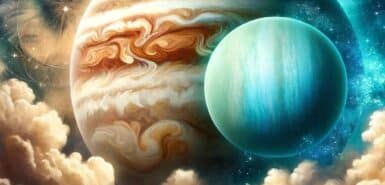 ilustração dos planetas para artigo sobre a conjunção júpiter e urano