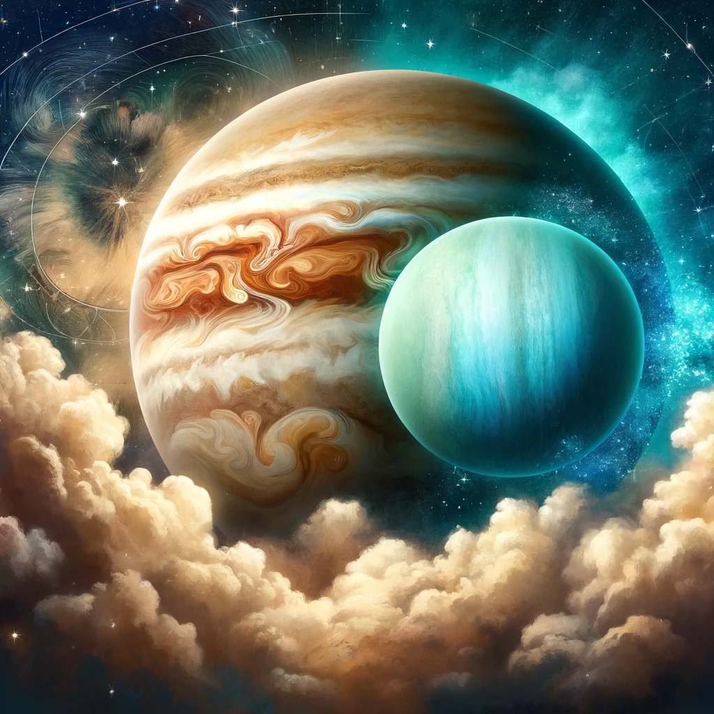 ilustração dos planetas para artigo sobre a conjunção júpiter e urano