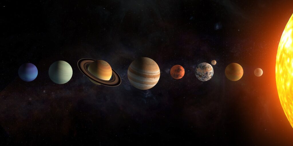 Conjunto de planetas do sistema solar. O Sol e os planetas em uma fileira no fundo das estrelas do universo.Elementos desta imagem fornecidos pela NASA. Ilustração 3D