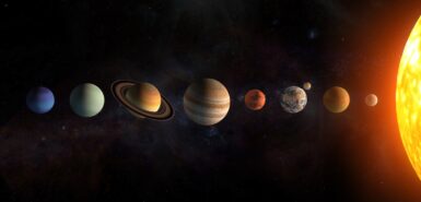 Conjunto de planetas do sistema solar. O Sol e os planetas em uma fileira no fundo das estrelas do universo.Elementos desta imagem fornecidos pela NASA. Ilustração 3D