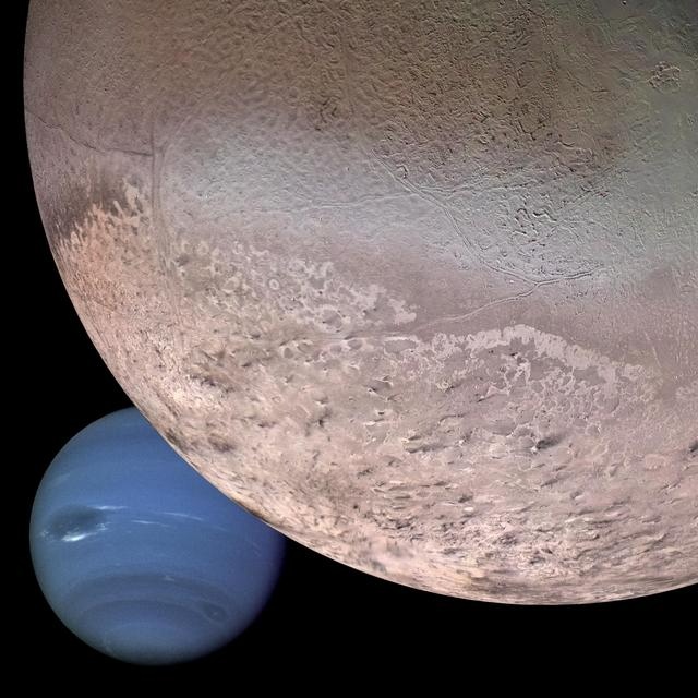 Esta montagem gerada por computador, criada a partir de imagens obtidas pela sonda Voyager 2 da NASA, mostra Netuno como ele seria visto de uma nave espacial se aproximando de Tritão, a maior lua de Netuno, com 2.706 km (1.683 milhas) de diâmetro