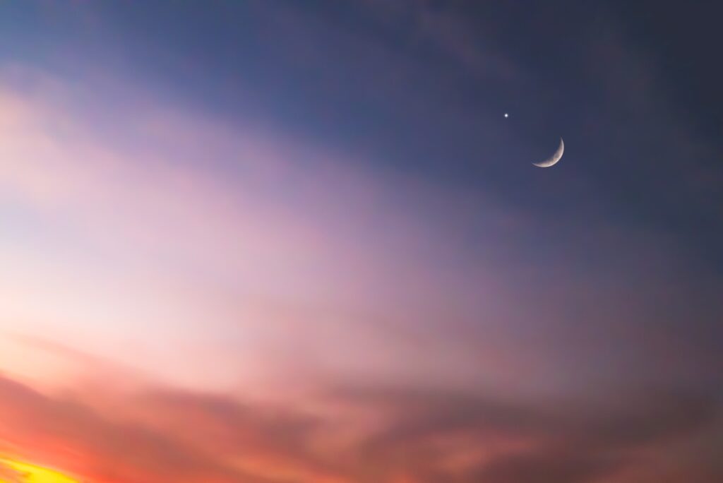 lua, estrela, noite, pôr do sol