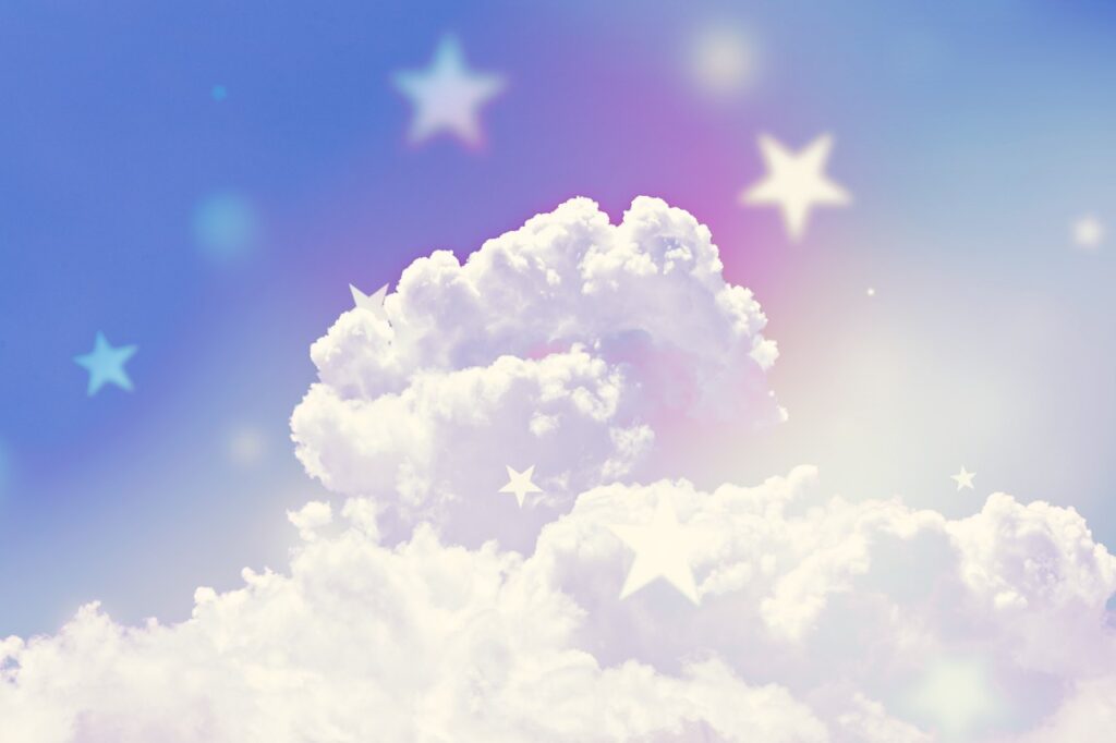 Céu de conto de fadas com estrelas e nuvens