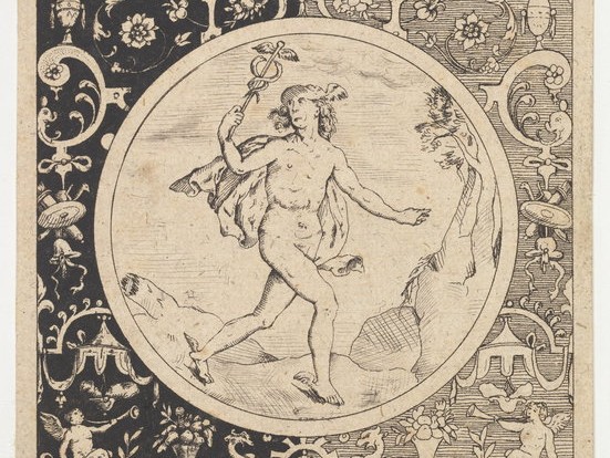 Gravura de Mercúrio em moldura decorativa, de 1600–30 (Fonte: The Metropolitan Museum)